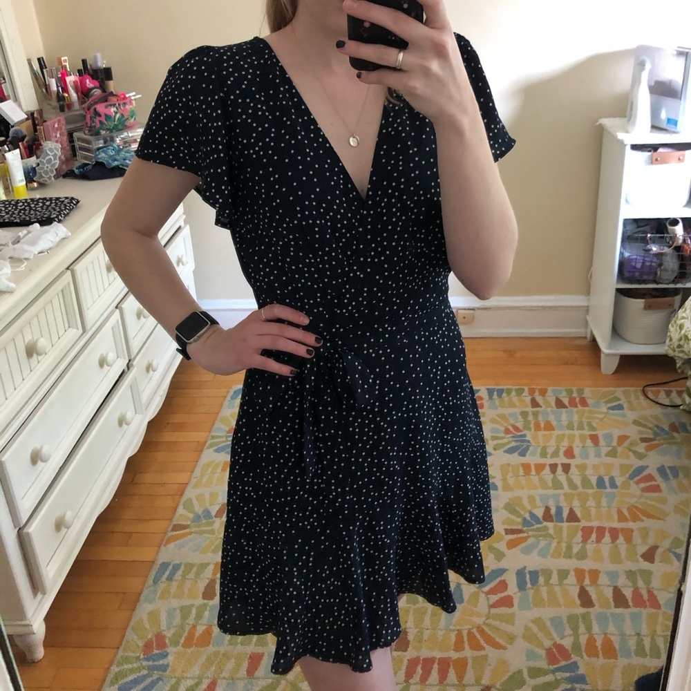 Faux wrap Navy blue & white dotted dress